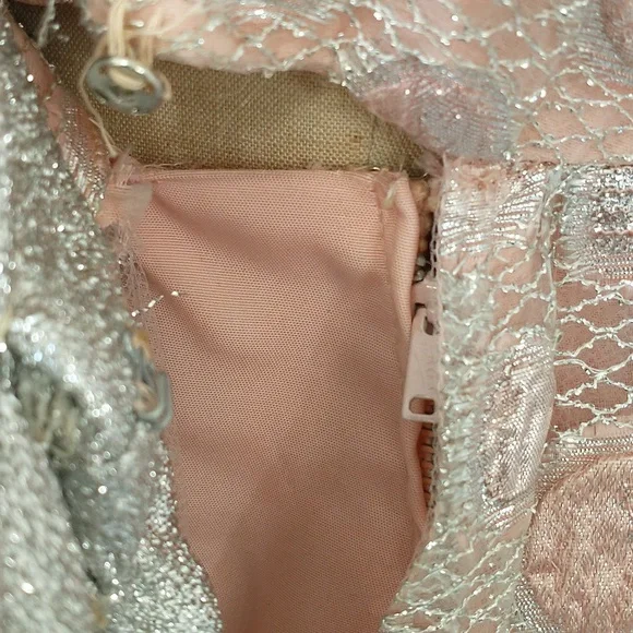 Sixties Silver & Pink Metallic Gown 60s Designer Maxi Feminine Glitter Sz 8 10